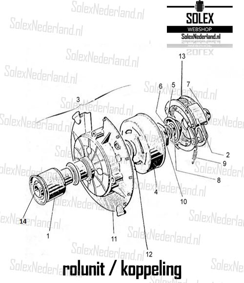 Exploded view Solex 3800 rolunit koppeling